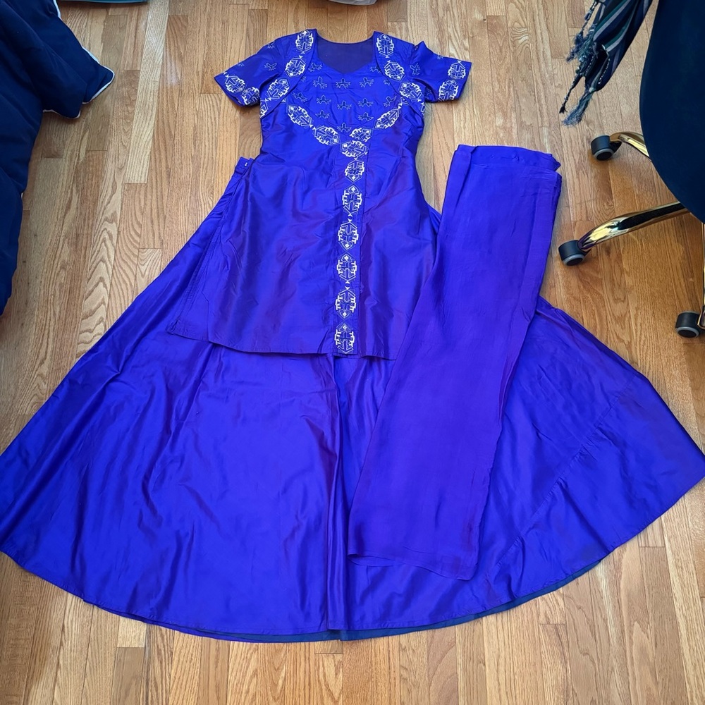 Dark Purple and Gold Embroidered Indian Lengha Gown with Top Skirt Dupatta